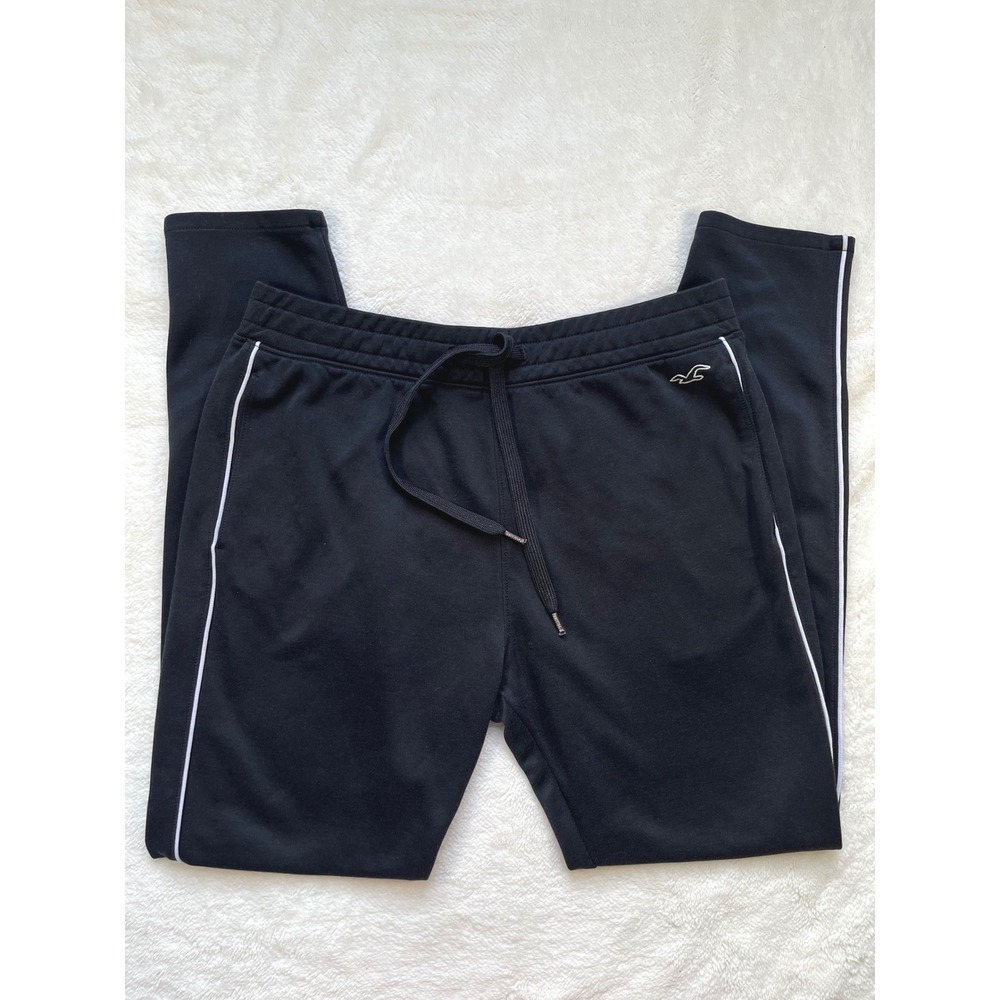 Hollister  jogger Pants Men Black White Side Stripe Drawstring Large